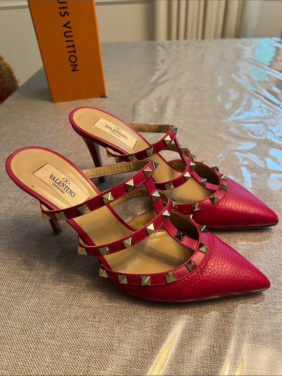 Valentino Shoes - Valentino Red Leather Rockstud Strappy Pointed Mules